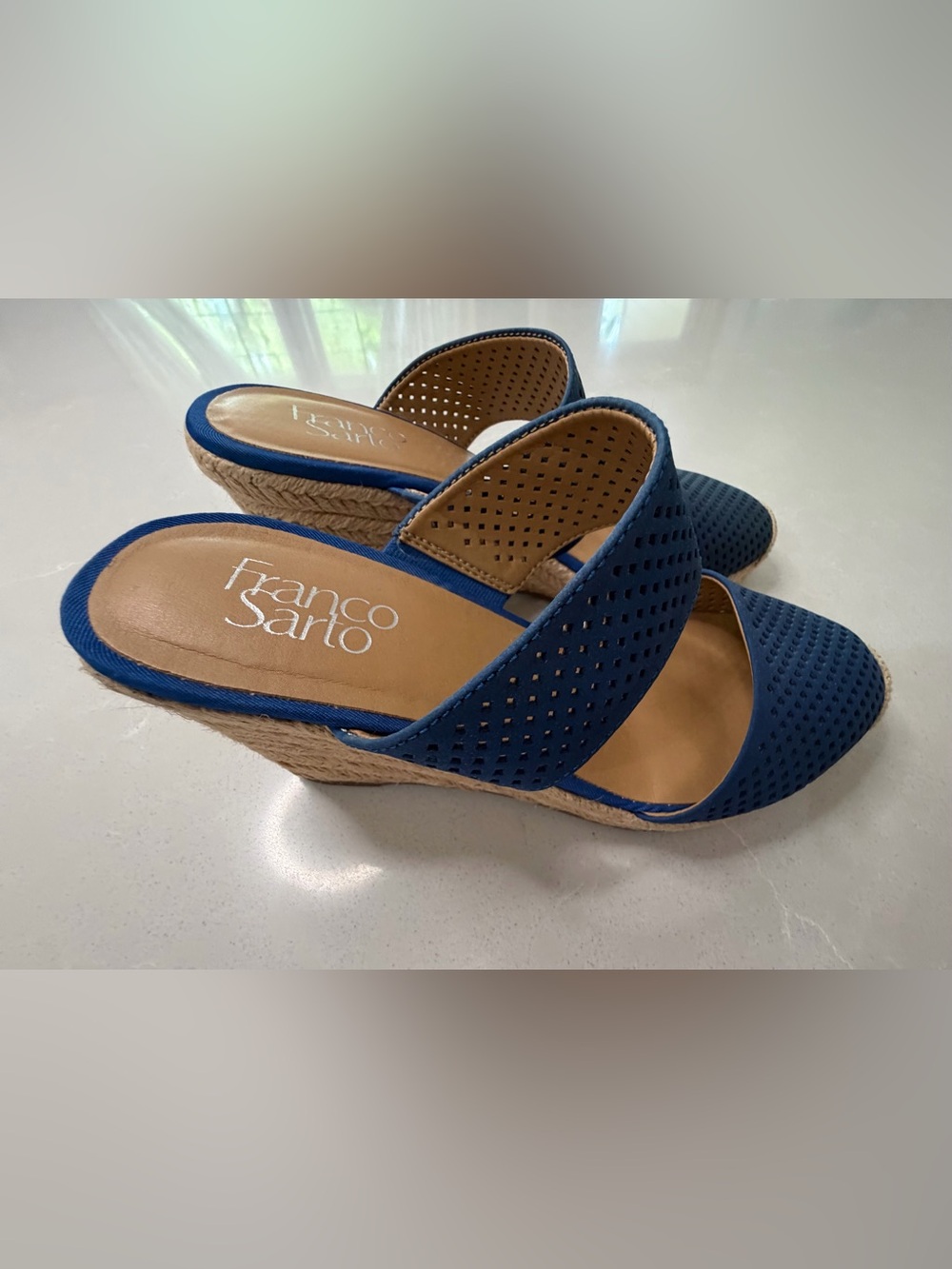 Franco Sarto Blue Leather Perforated Espadrille Wedge Sandals, 8.5